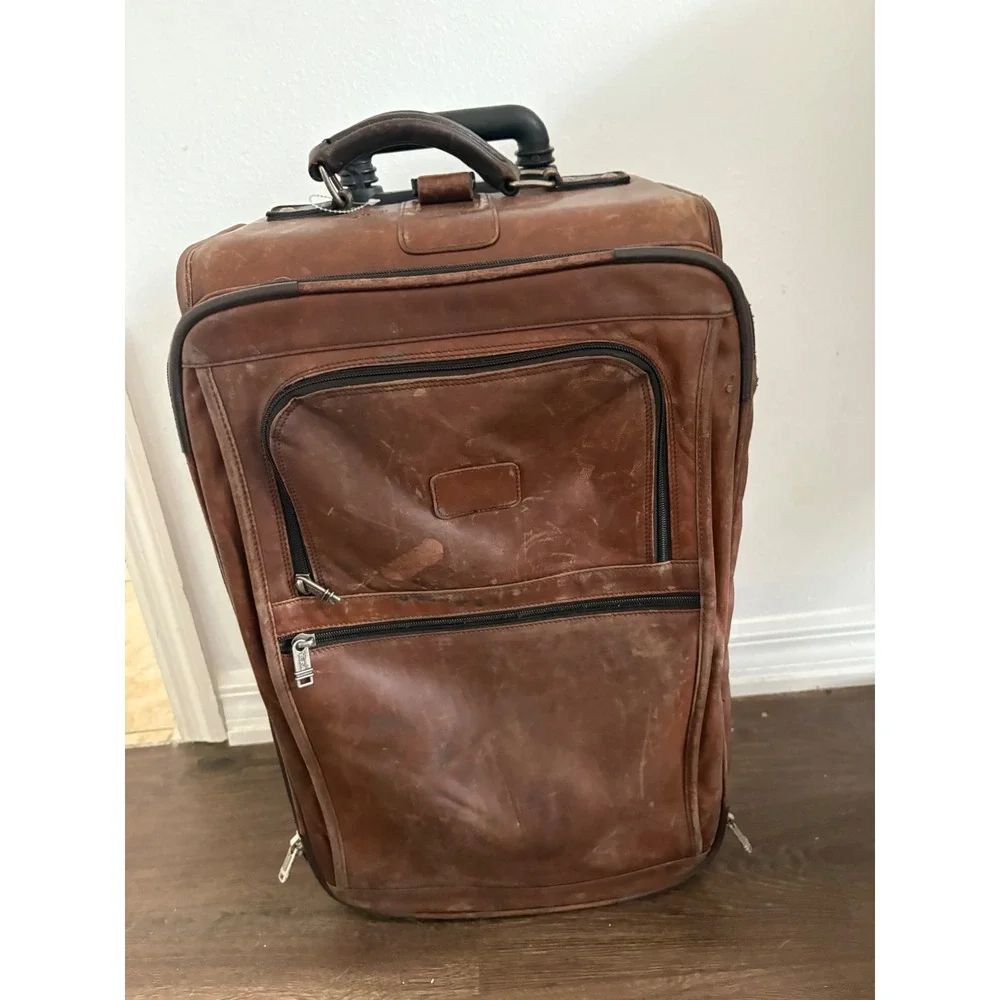 Tumi Brown Leather Rolling Suitcase Upright Luggage Bag Distressed 24 Inch